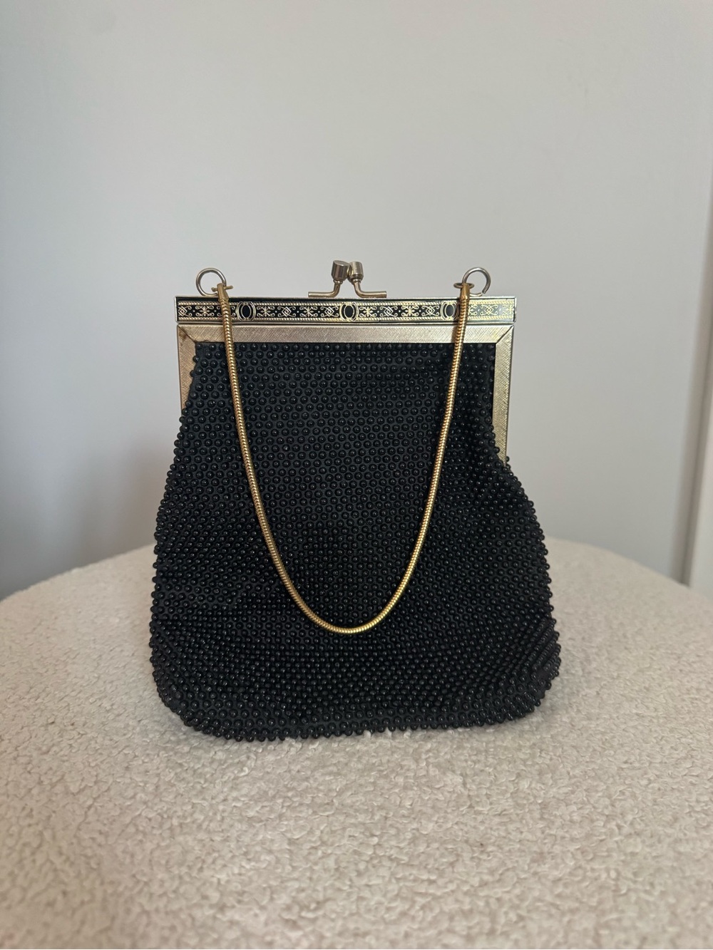 Vintage-Inspired Black Beaded Evening Bag with Gold Frame